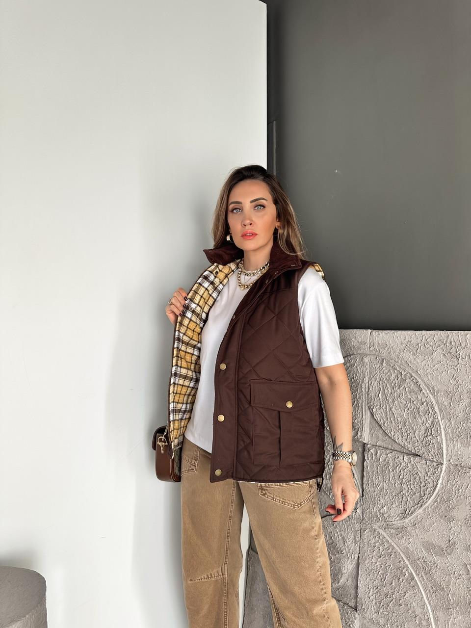 Kahve Kapitone Safari Yelek