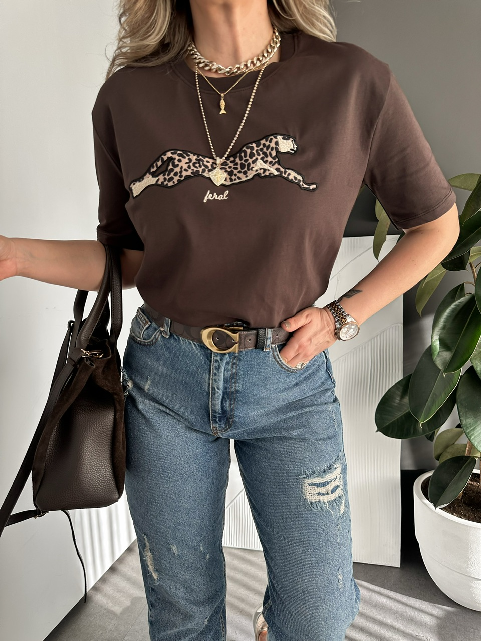 Kahve Kaplan Figürlü Tshirt