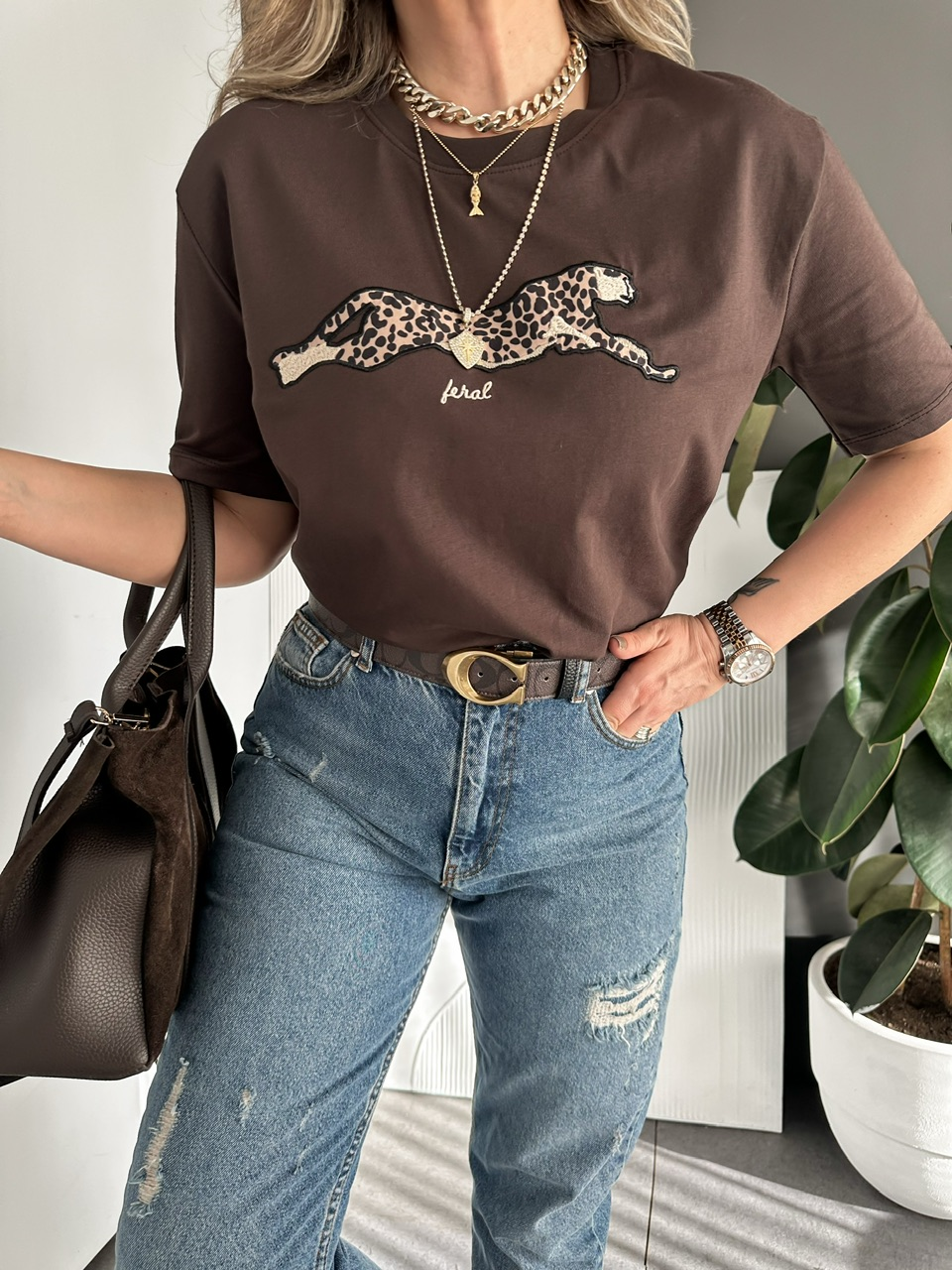 Kahve Kaplan Figürlü Tshirt