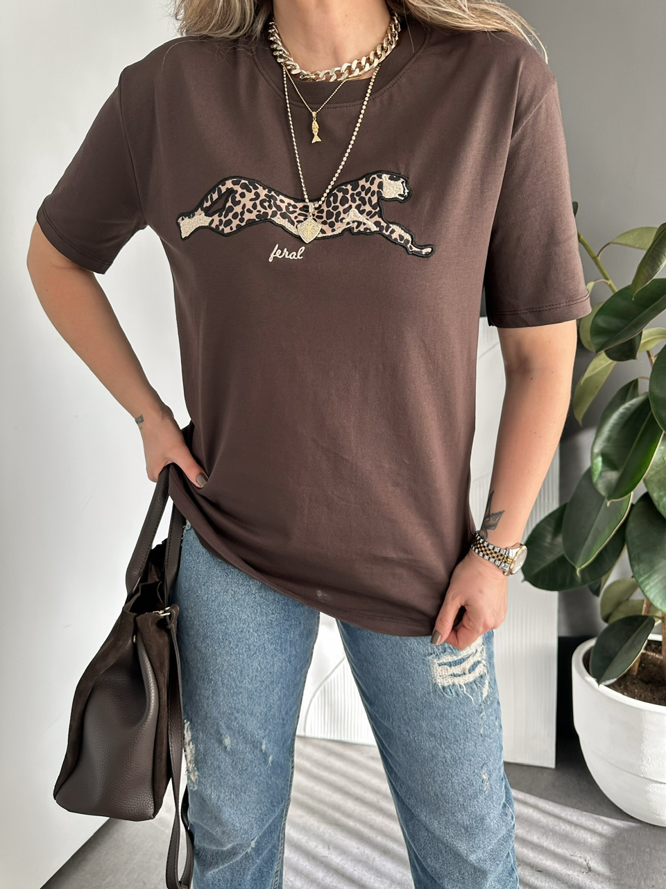 Kahve Kaplan Figürlü Tshirt