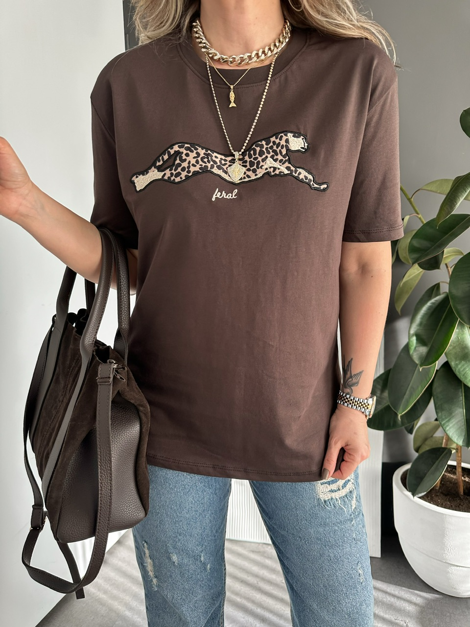 Kahve Kaplan Figürlü Tshirt