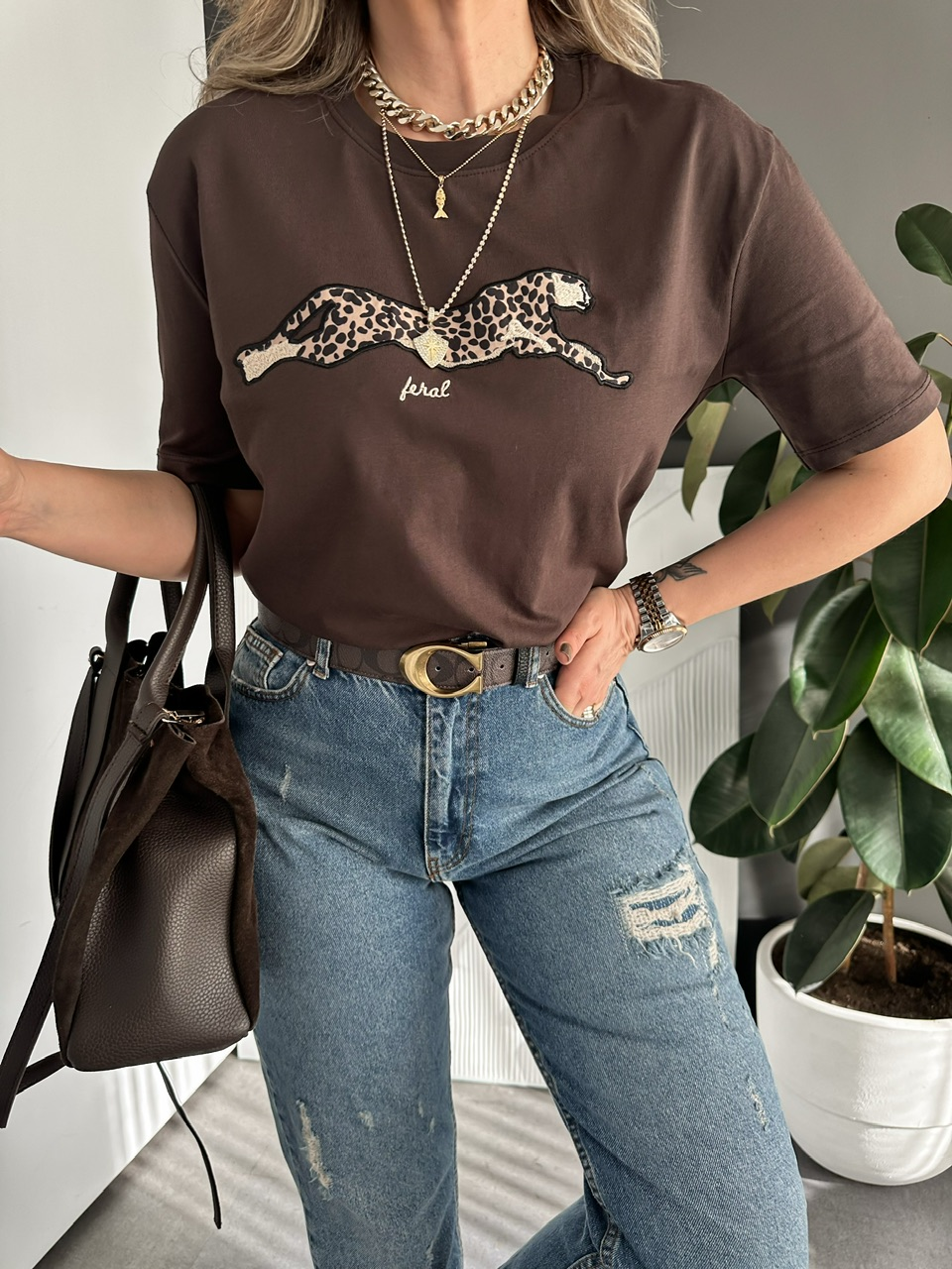 Kahve Kaplan Figürlü Tshirt