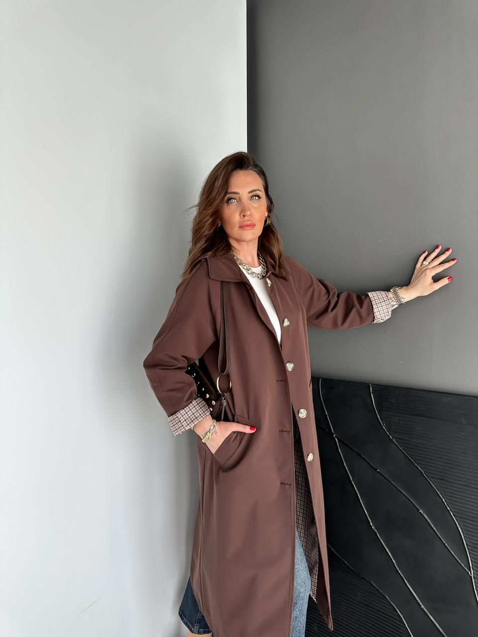 Kahve Kazayağı Desenli Astarlı Trençkot