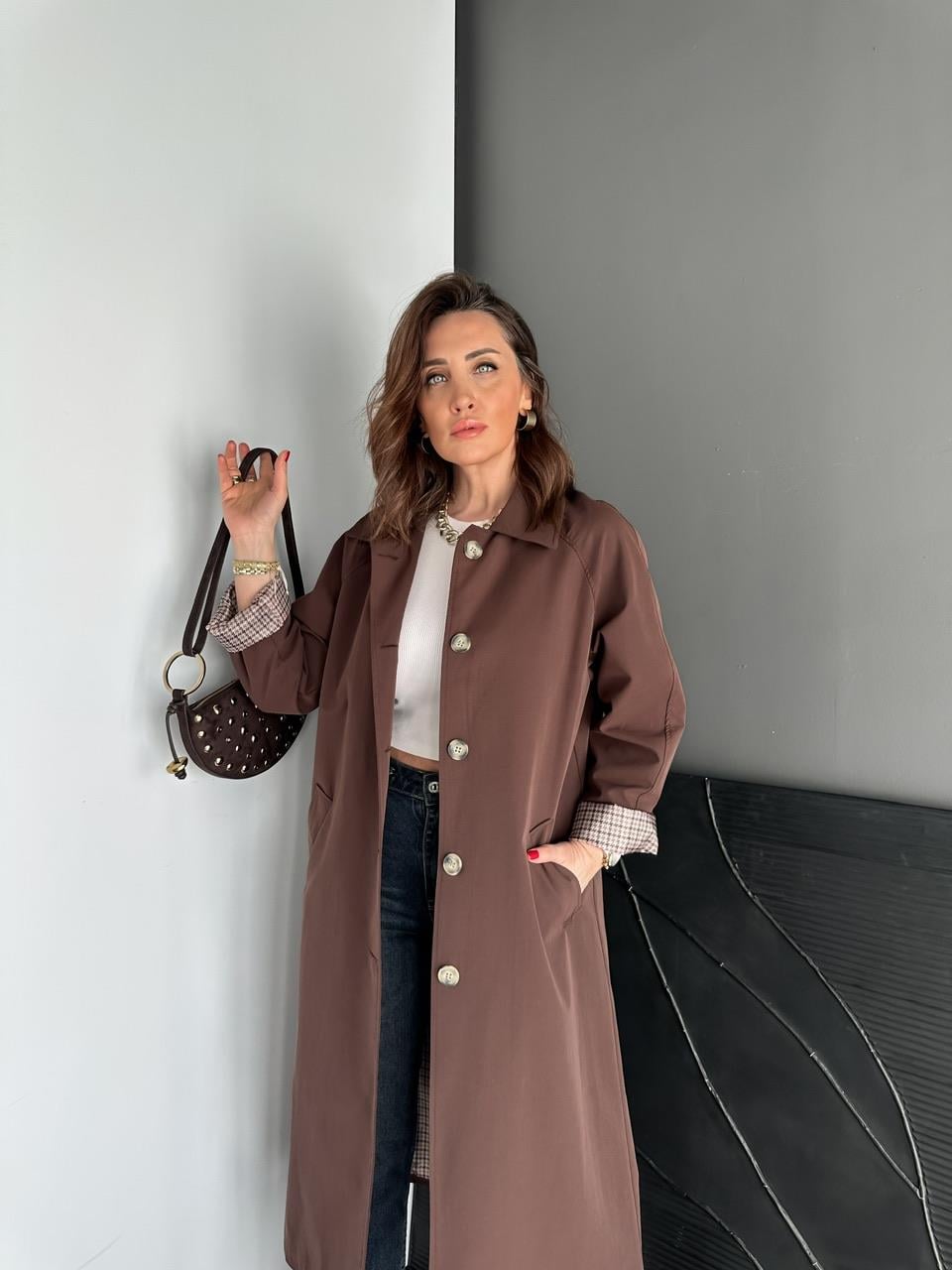 Kahve Kazayağı Desenli Astarlı Trençkot