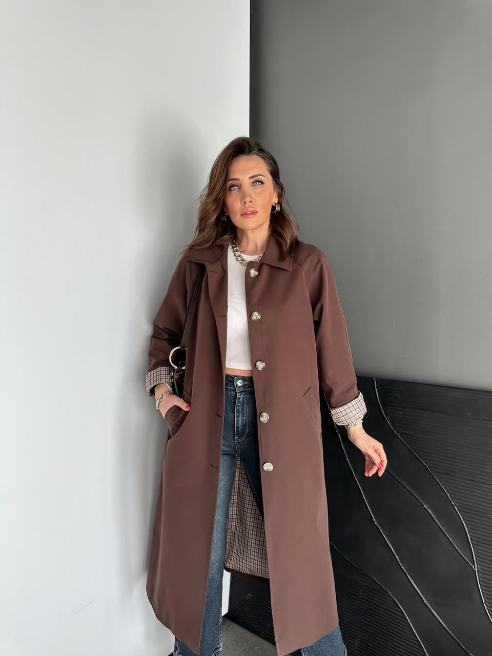 Kahve Kazayağı Desenli Astarlı Trençkot