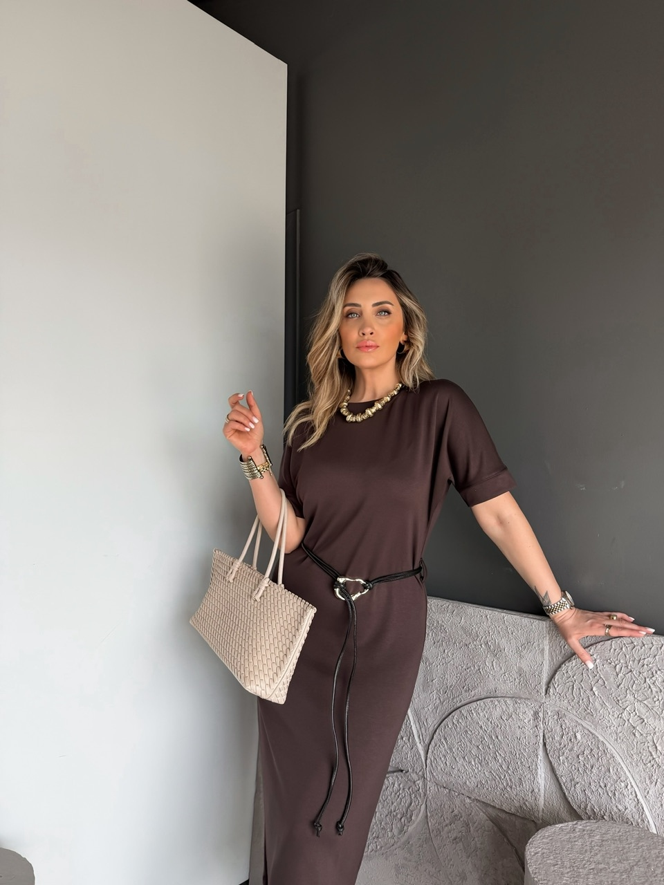 Kahve Kemer Aksesuarlı Modal Elbise