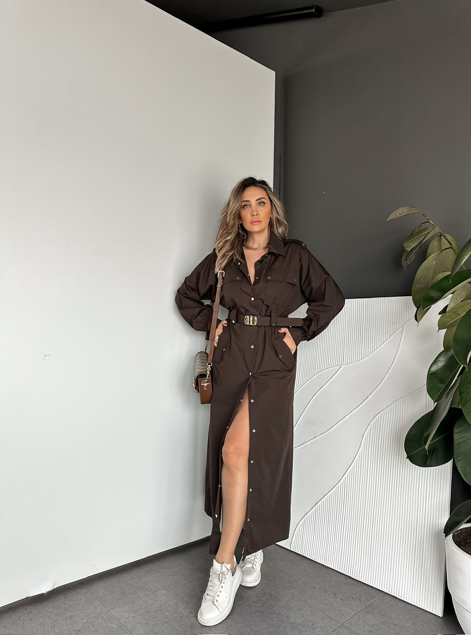 Kahve Kemerli Çıtçıtlı Gömlek Elbise