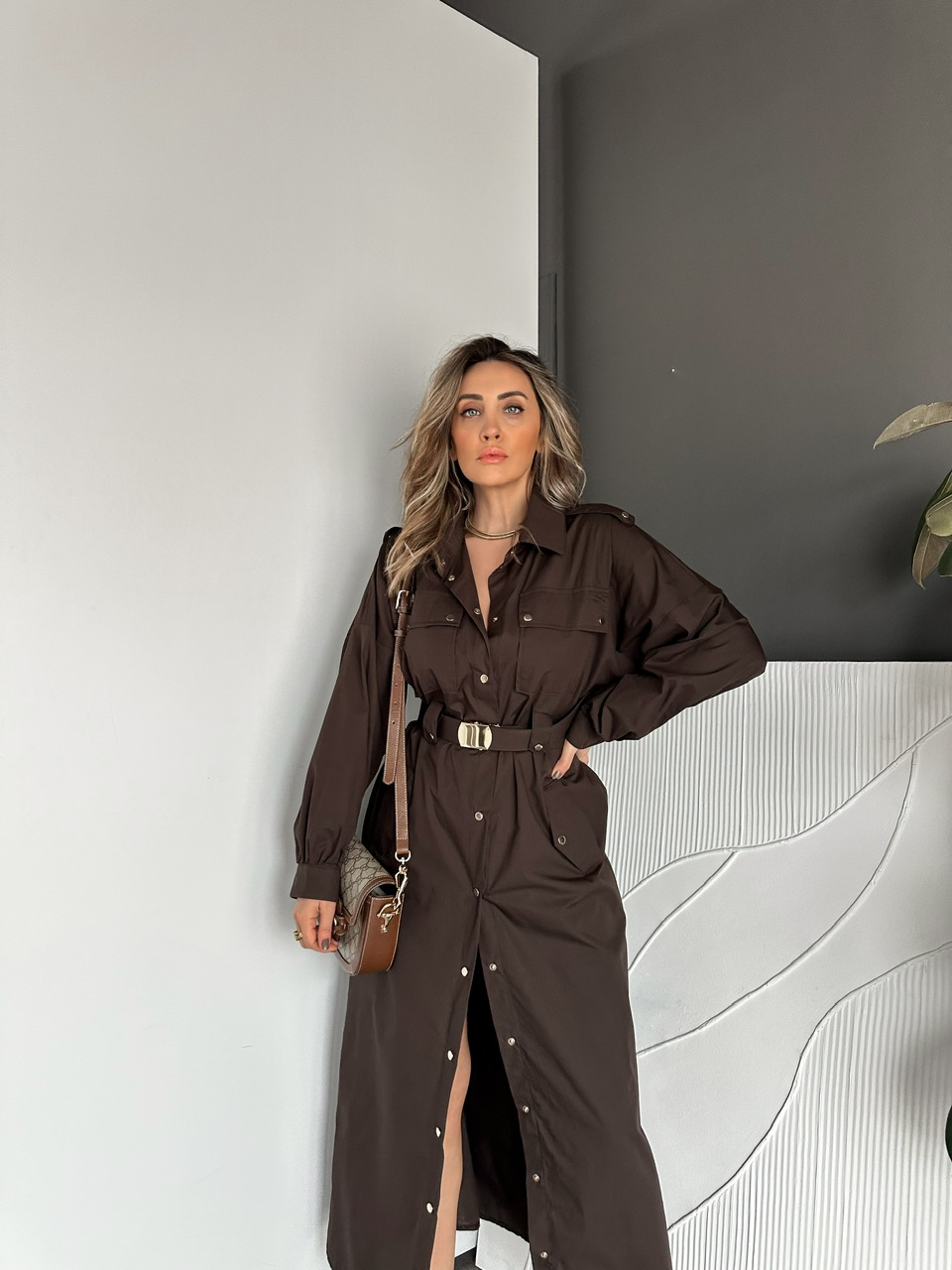 Kahve Kemerli Çıtçıtlı Gömlek Elbise