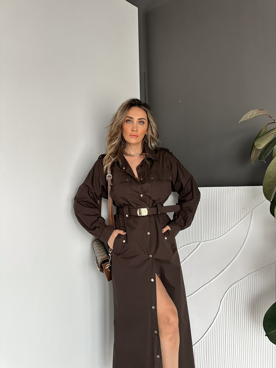 Kahve Kemerli Çıtçıtlı Gömlek Elbise