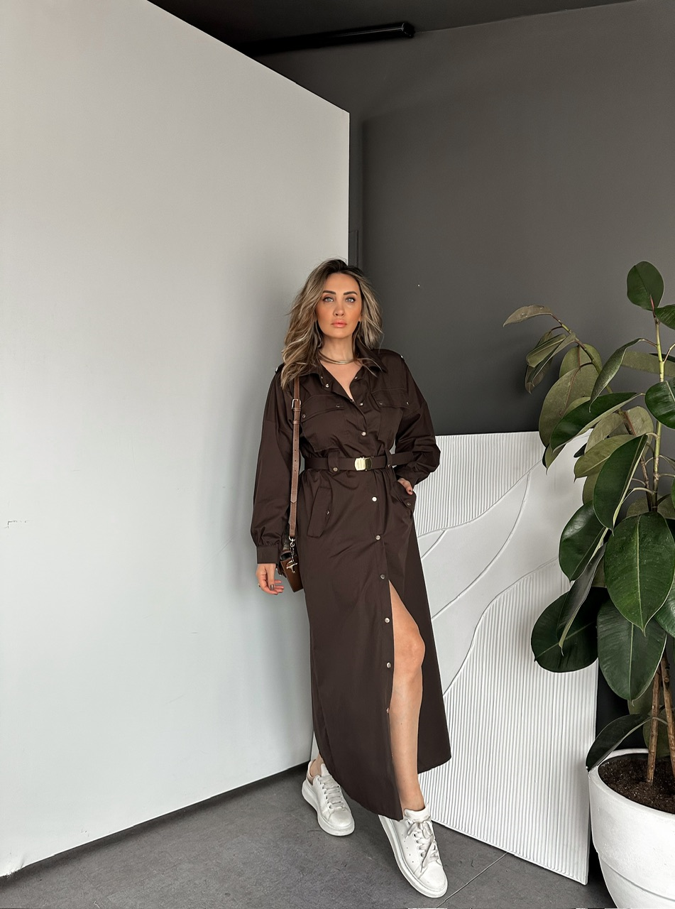 Kahve Kemerli Çıtçıtlı Gömlek Elbise
