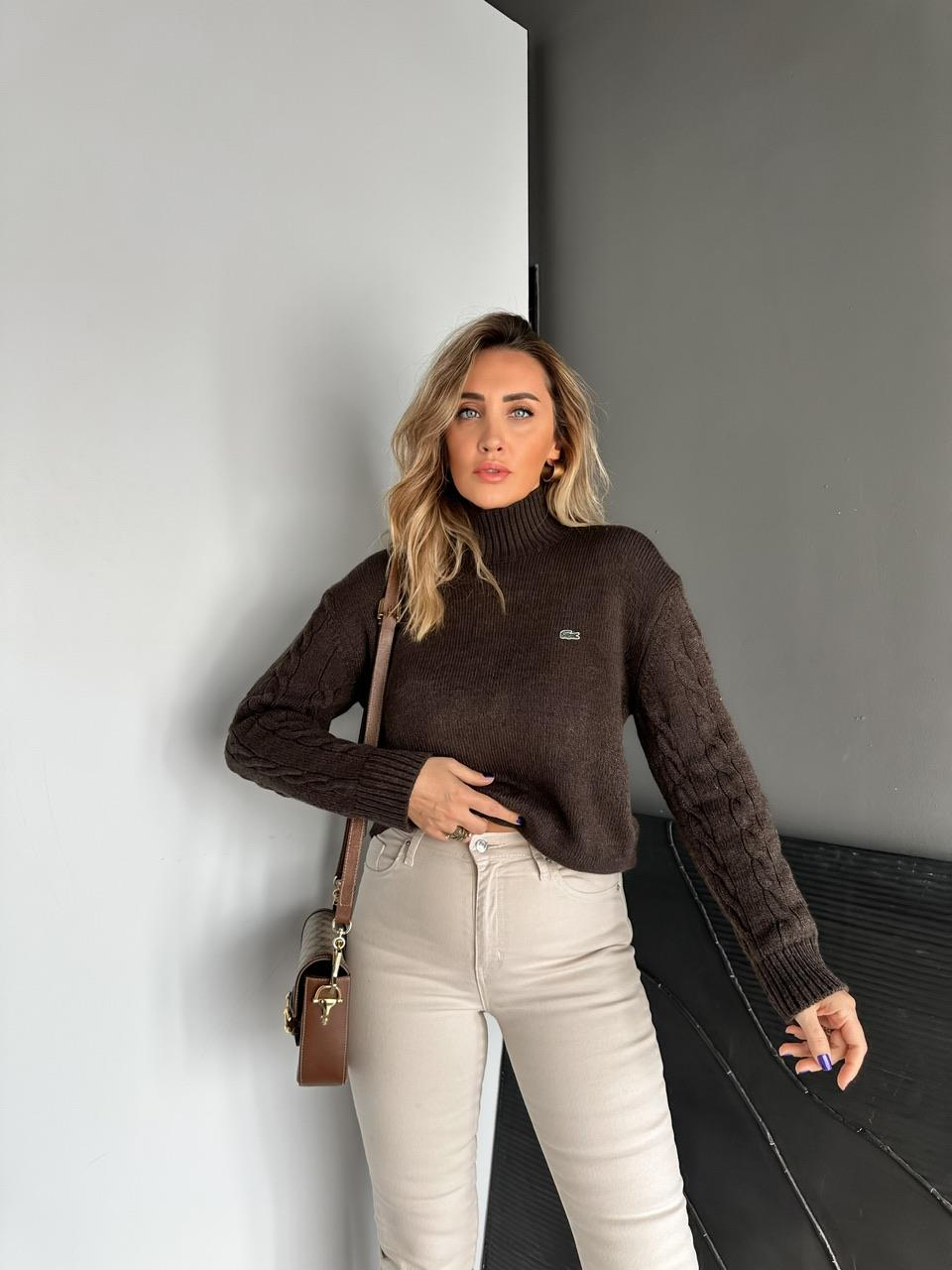 Kahve Kolları Saç Örgülü Marka Model Kazak