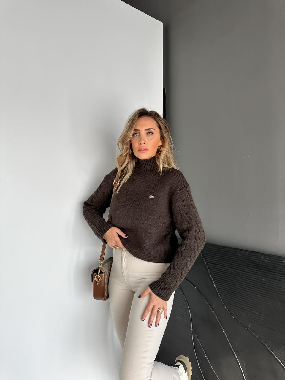 Kahve Kolları Saç Örgülü Marka Model Kazak