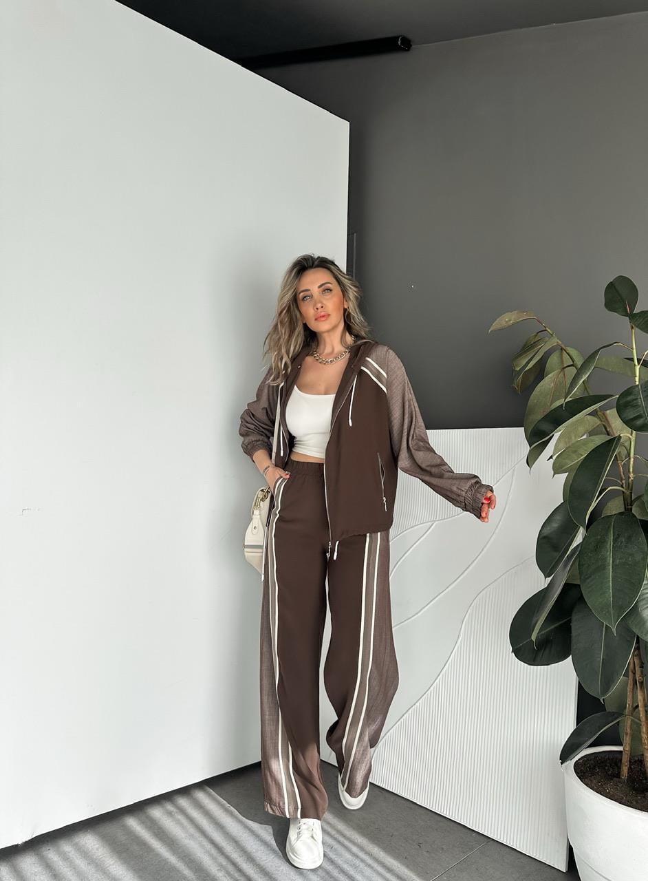 Kahve Kot Parçalı Kapşonlu Modal Takım