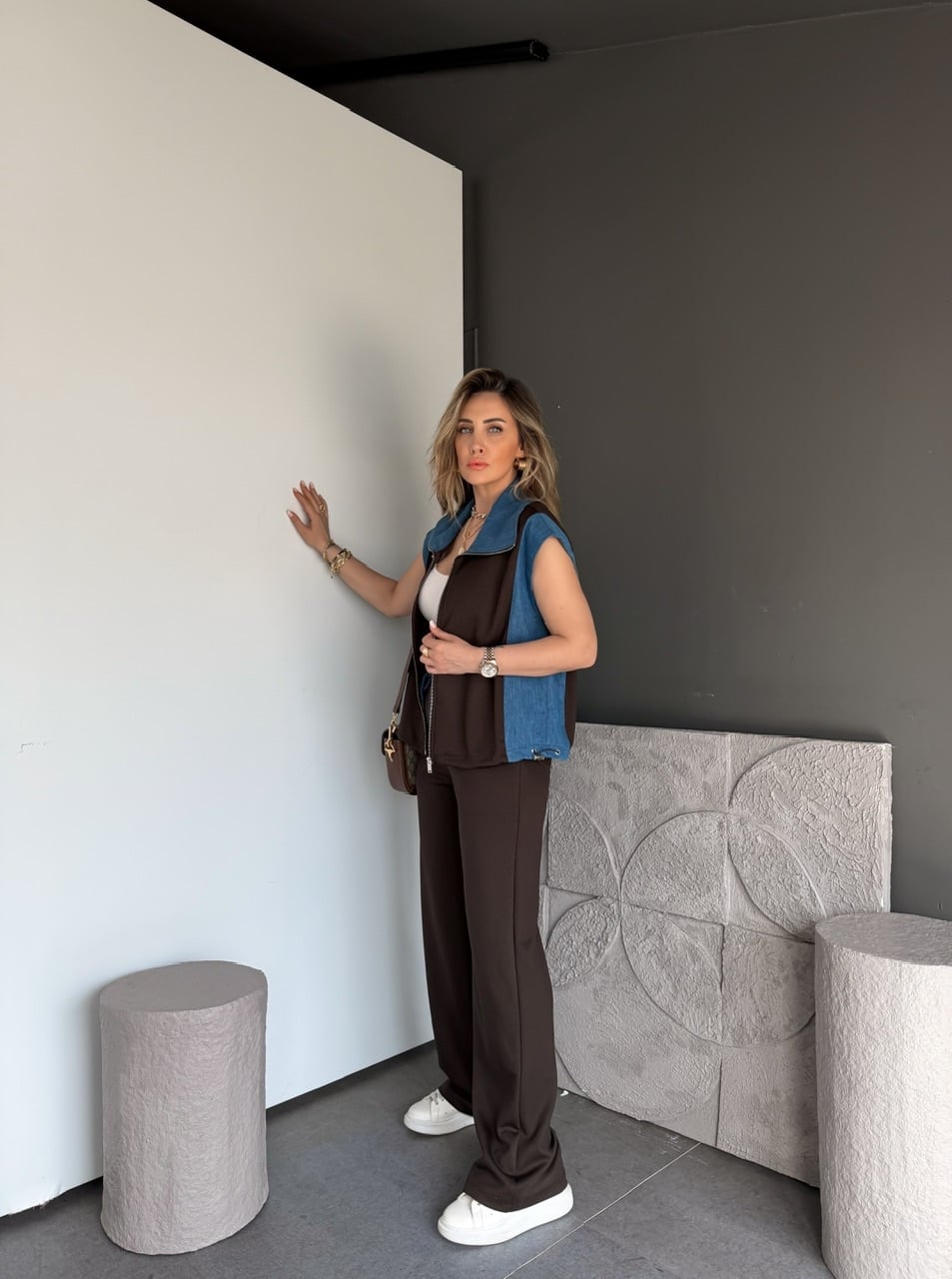 Kahve Kot Parçalı Yelekli Modal Takım