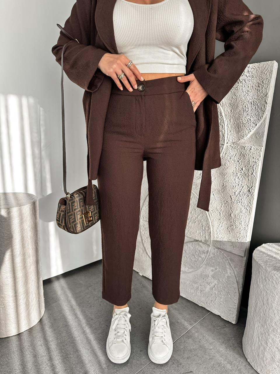 Kahve Kraşlı Beli Lastikli Pantolon