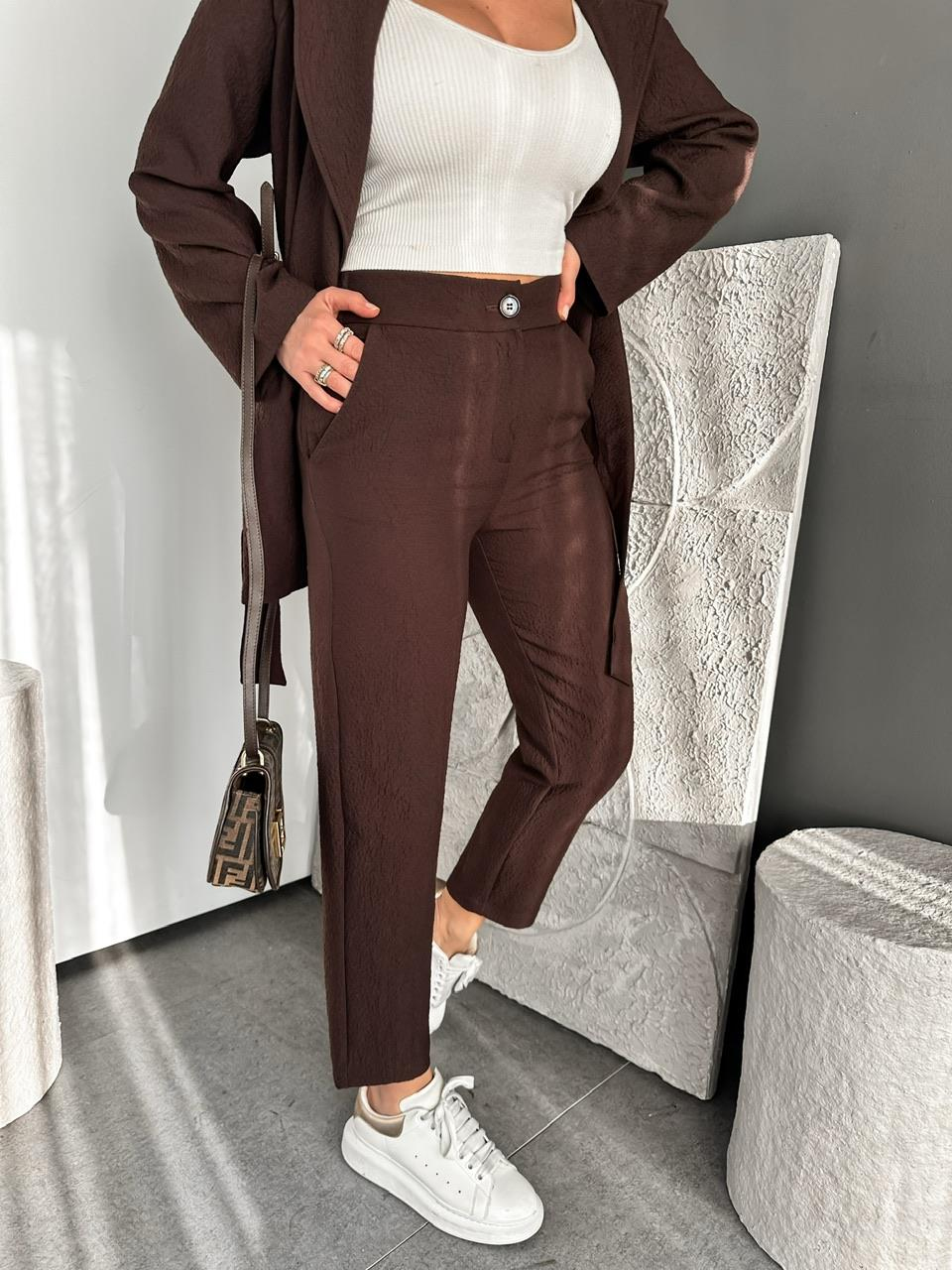Kahve Kraşlı Beli Lastikli Pantolon