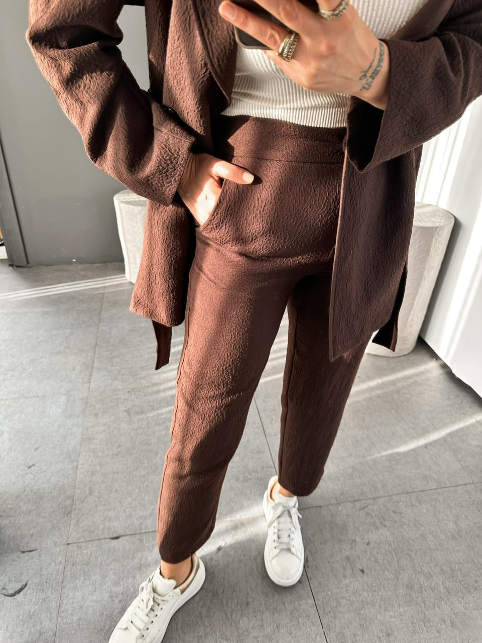 Kahve Kraşlı Beli Lastikli Pantolon