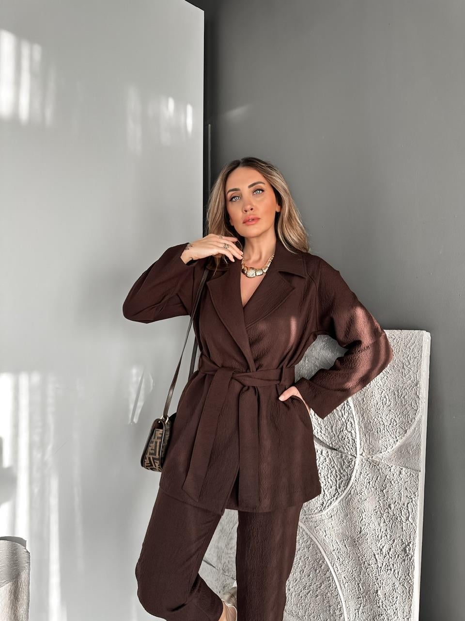 Kahve Kraşlı Kemerli Premium Ceket