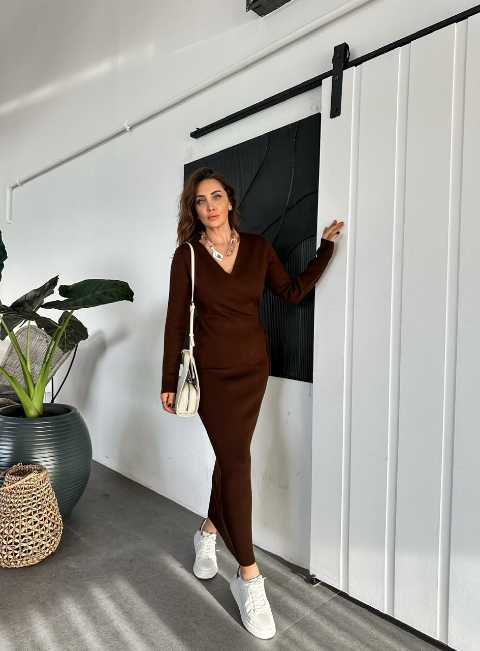 Kahve Kruvaze Etekli Triko Takım
