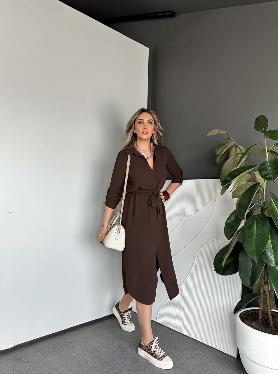 Kahve Kuşaklı Düğmeli Krep Elbise