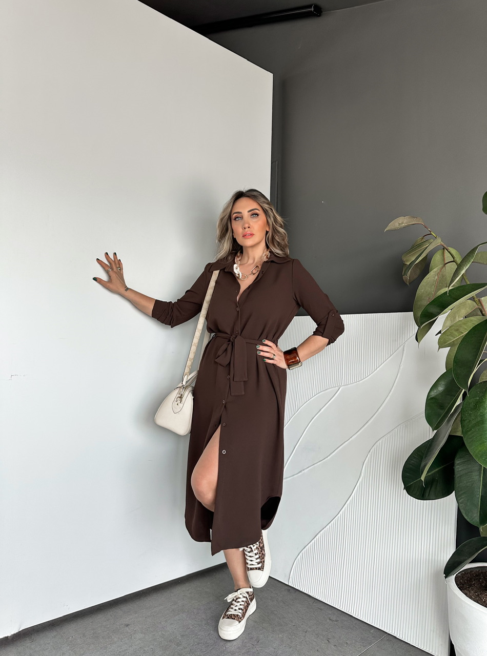 Kahve Kuşaklı Düğmeli Krep Elbise
