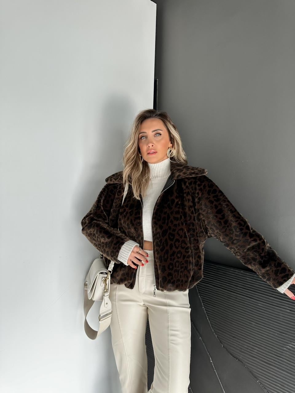 Kahve Leoparlı Deve Tüyü Bomber Mont