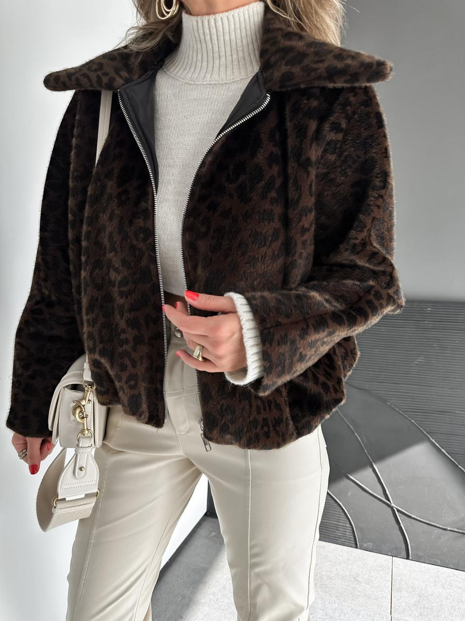 Kahve Leoparlı Deve Tüyü Bomber Mont