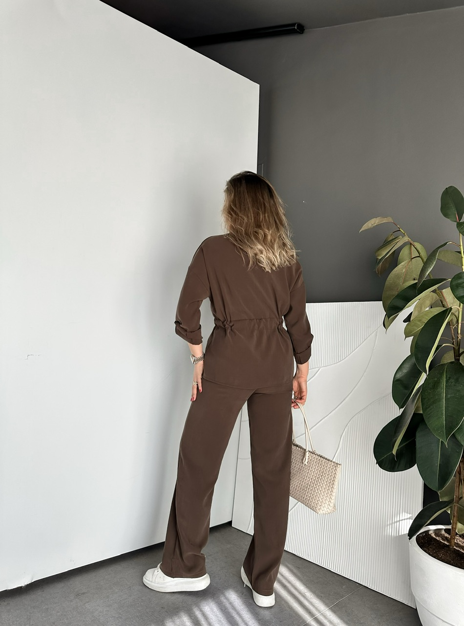 Kahve Manşetli Fermuarlı Casual Takım