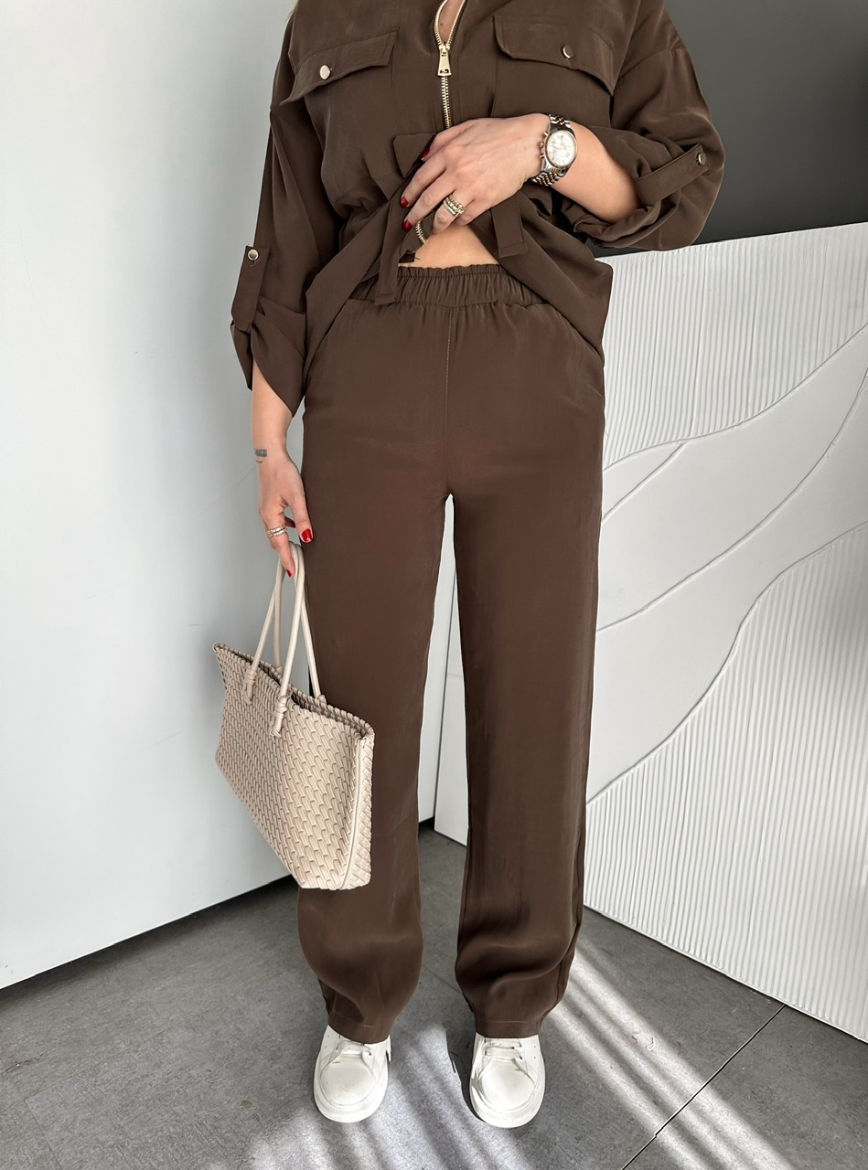 Kahve Manşetli Fermuarlı Casual Takım