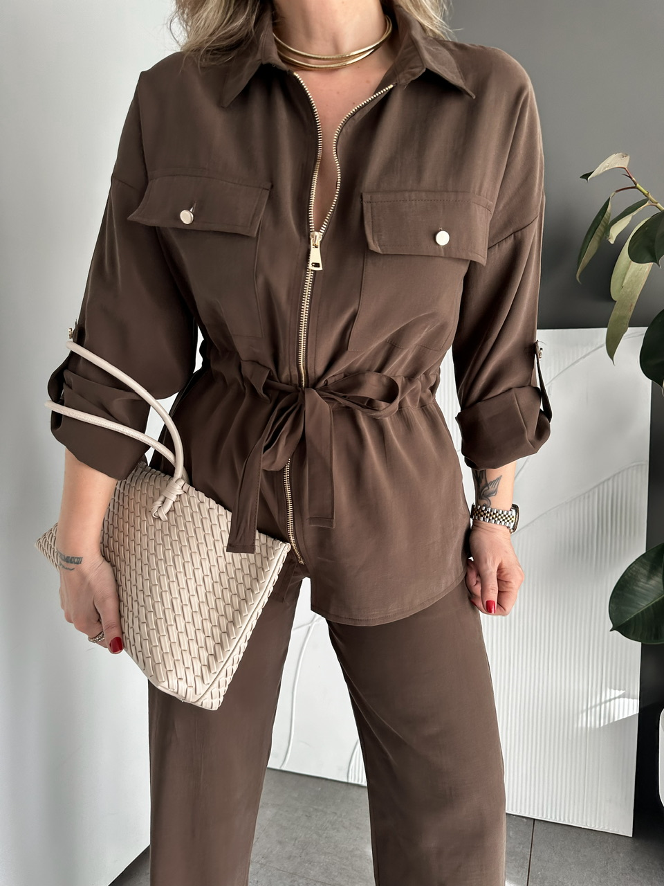 Kahve Manşetli Fermuarlı Casual Takım