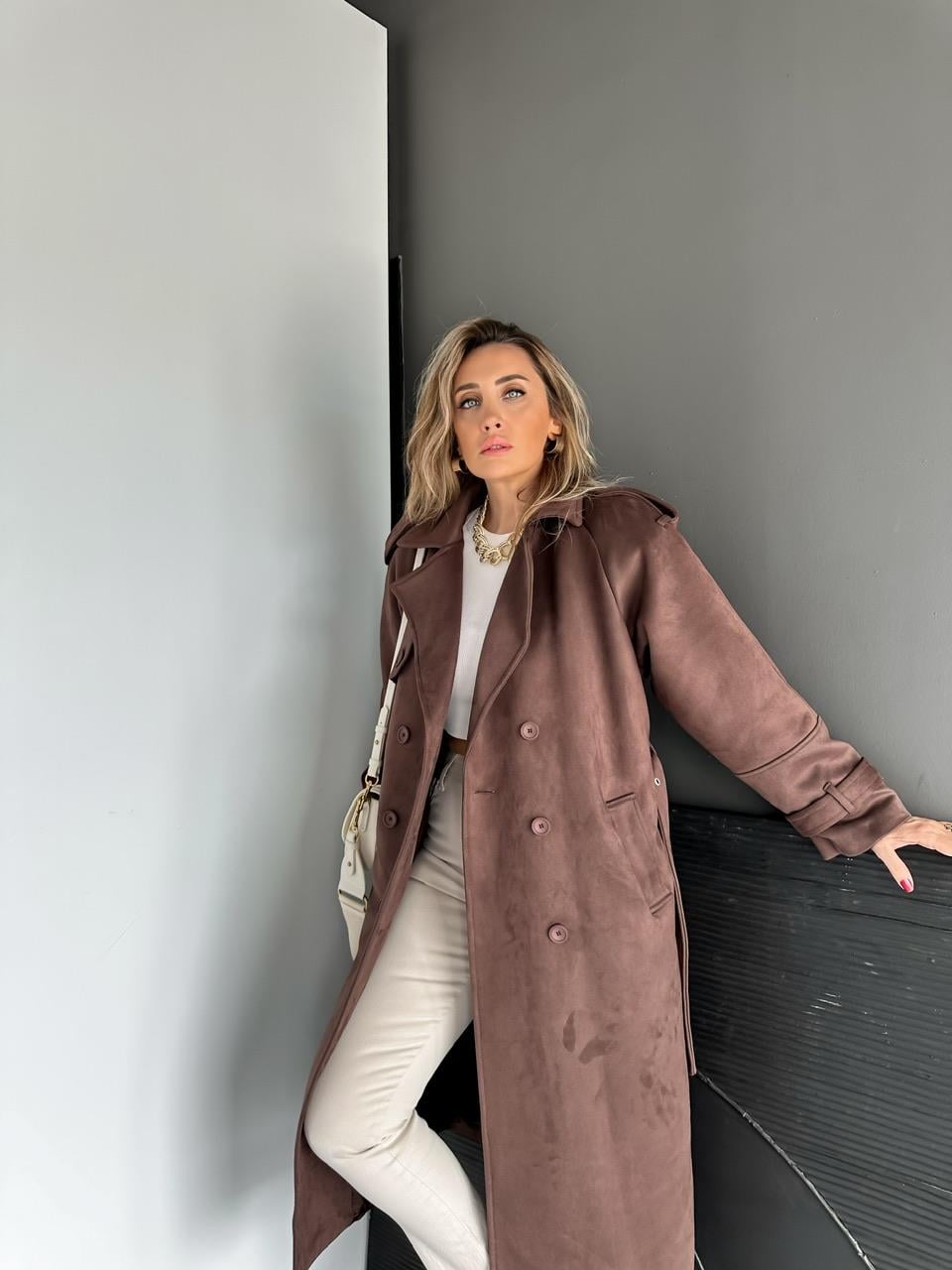 Kahve Manşetli Süet Premium Trençkot