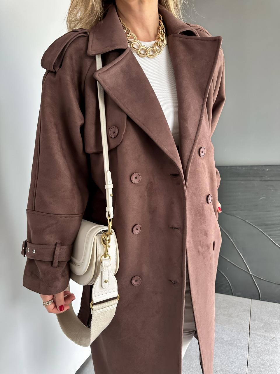 Kahve Manşetli Süet Premium Trençkot