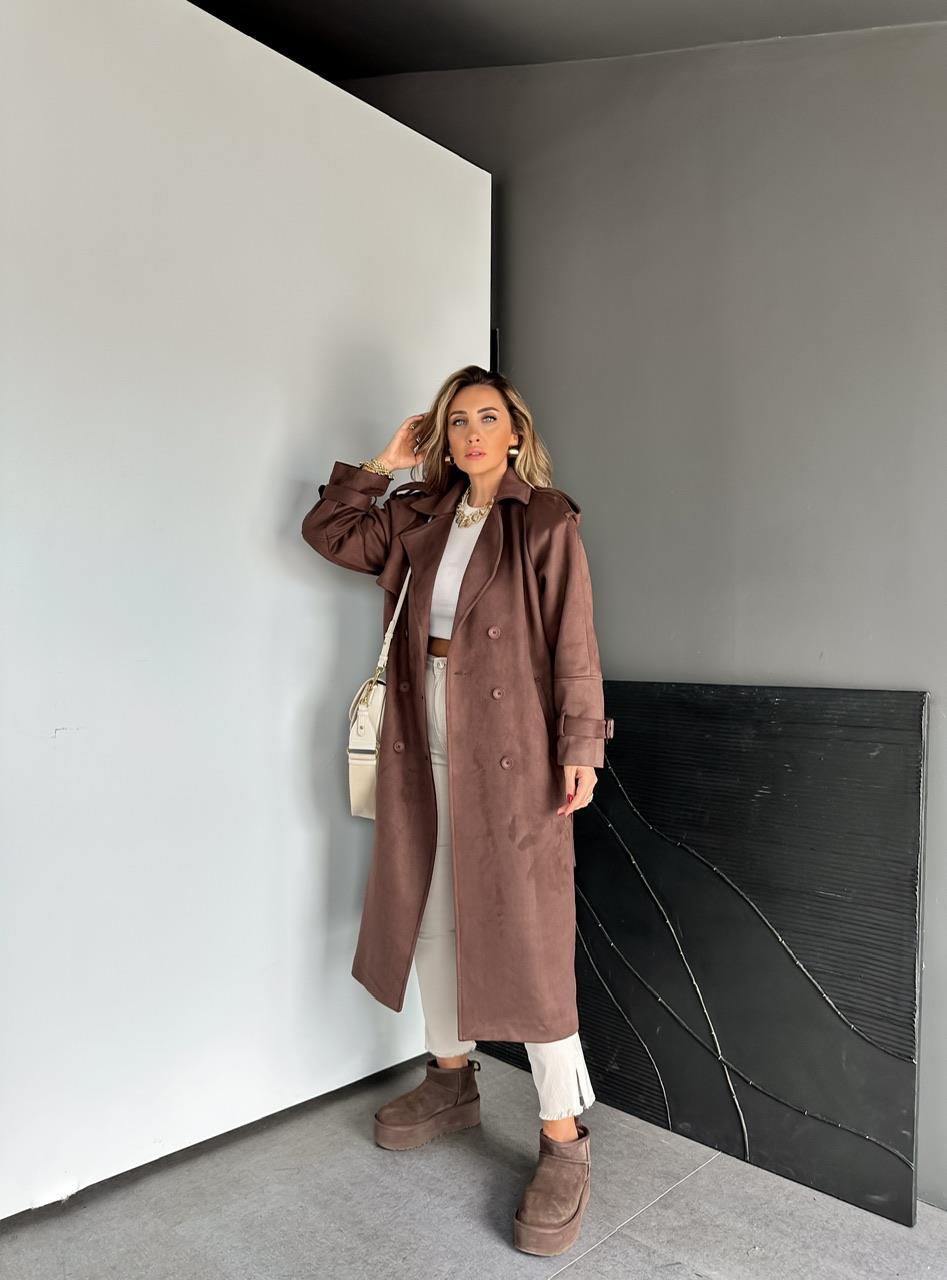 Kahve Manşetli Süet Premium Trençkot