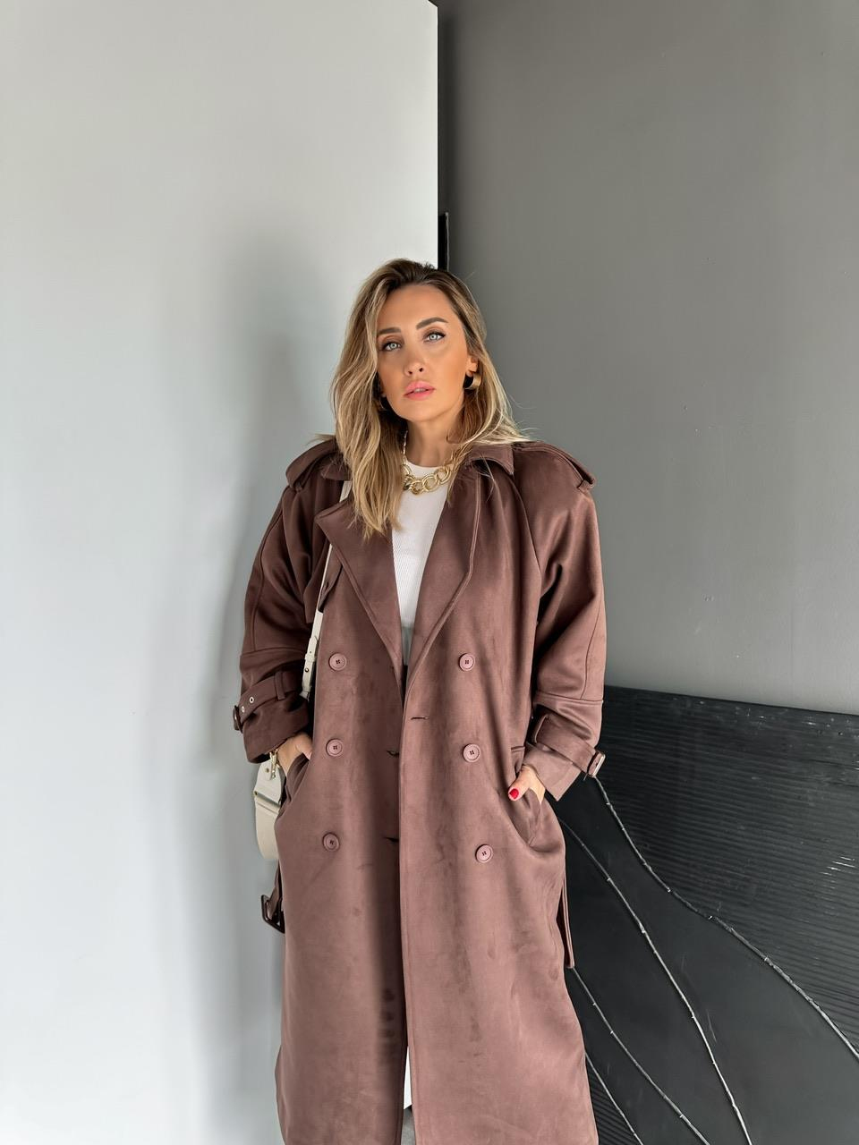 Kahve Manşetli Süet Premium Trençkot
