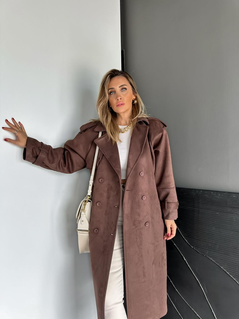 Kahve Manşetli Süet Premium Trençkot