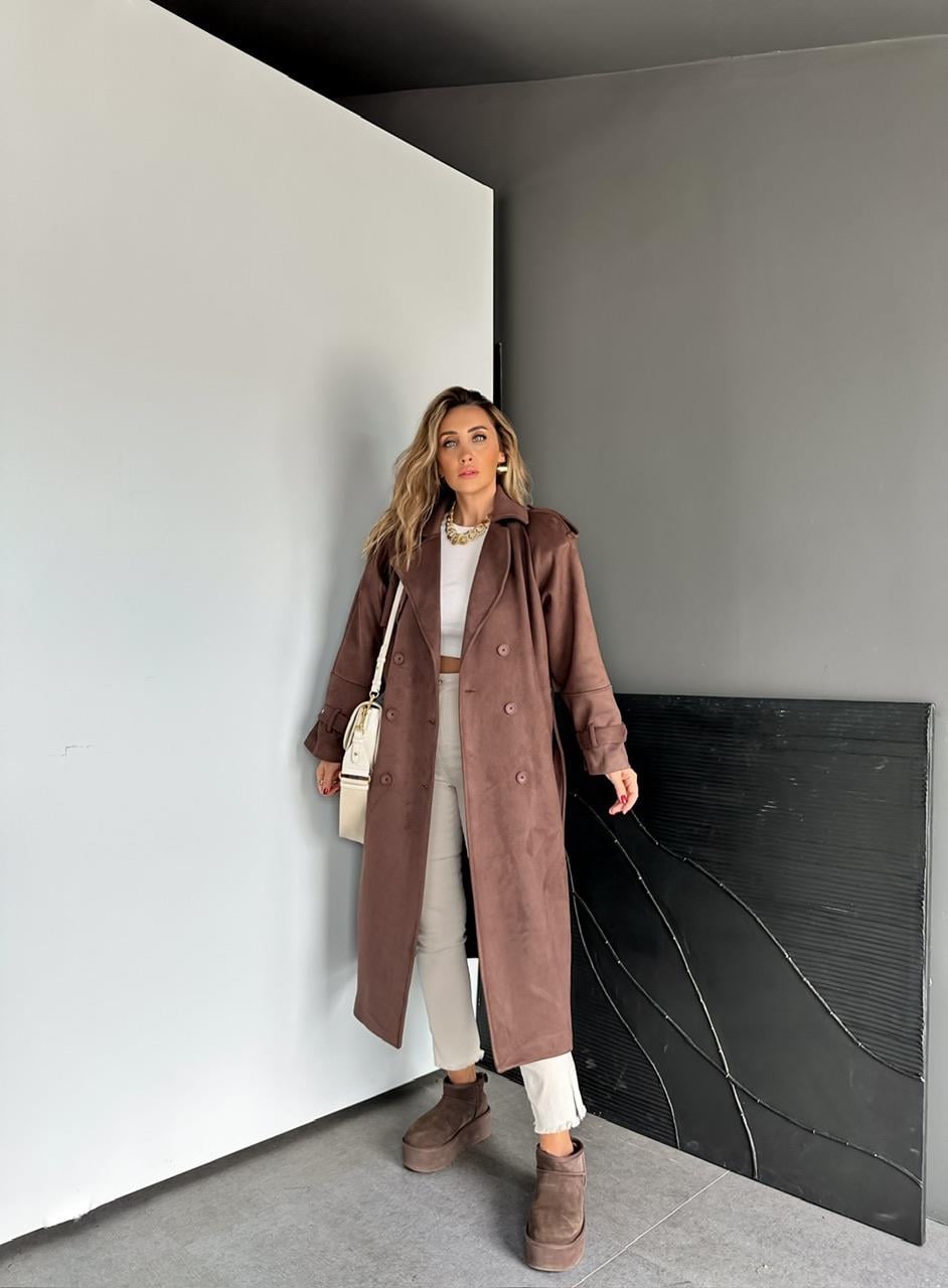 Kahve Manşetli Süet Premium Trençkot