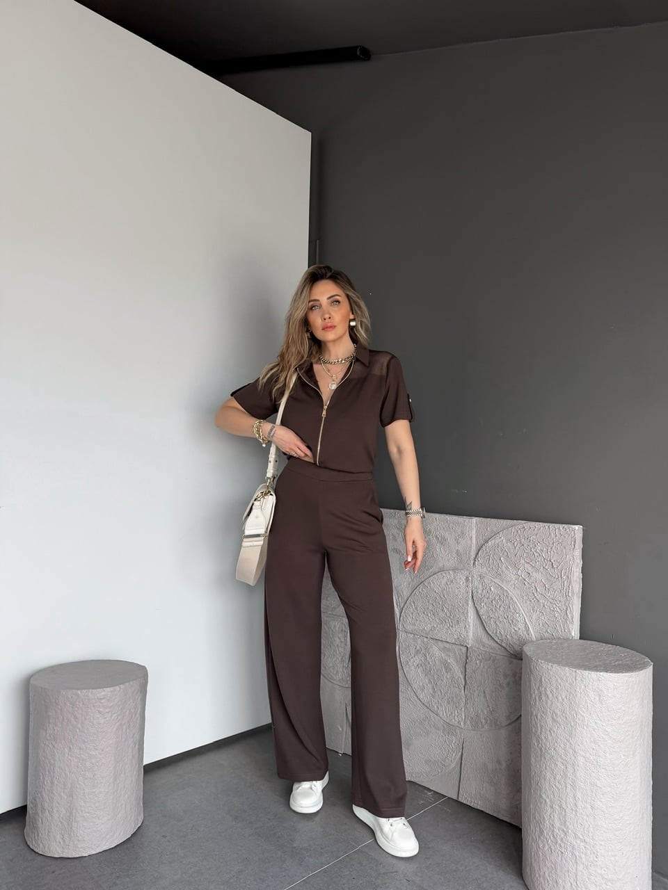 Kahve Omuzları Fileli Modal Takım