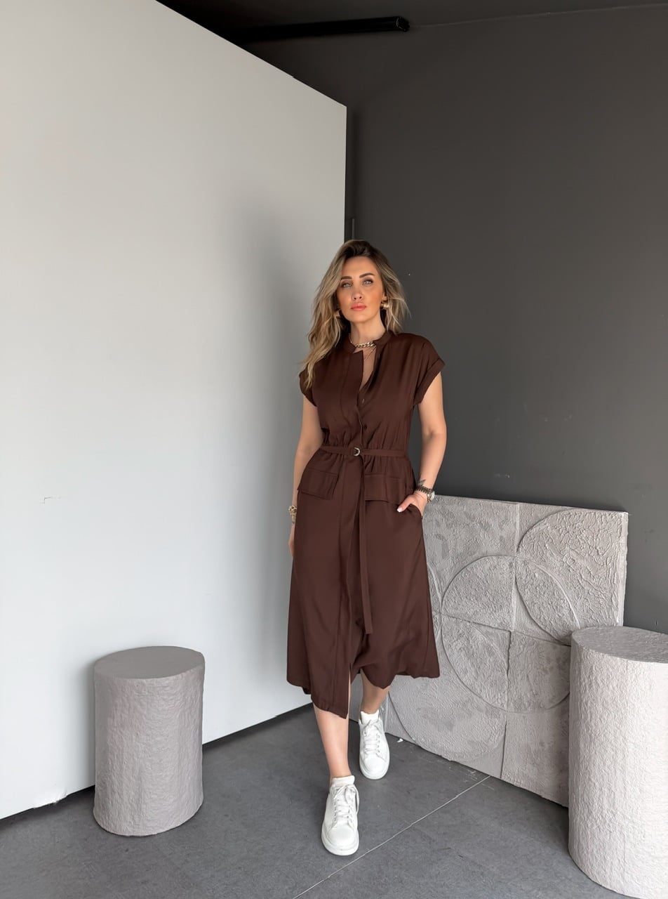 Kahve Ön Cepli Kemer Aksesuarlı Elbise