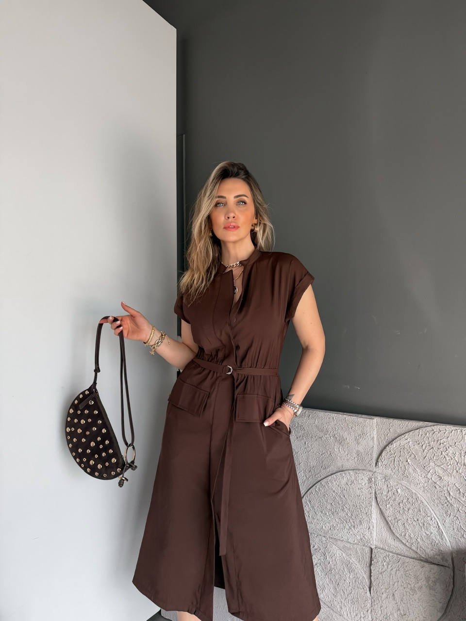 Kahve Ön Cepli Kemer Aksesuarlı Elbise