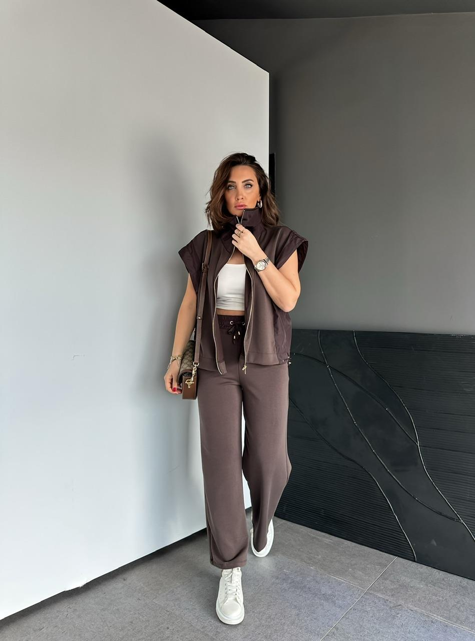 Kahve Paraşüt Detaylı Yelekli Takım