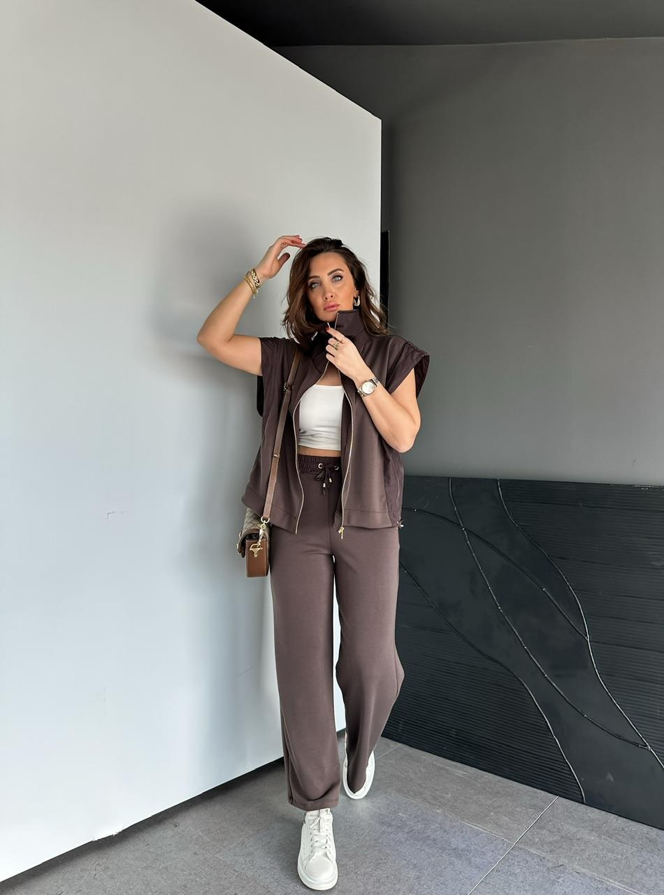Kahve Paraşüt Detaylı Yelekli Takım