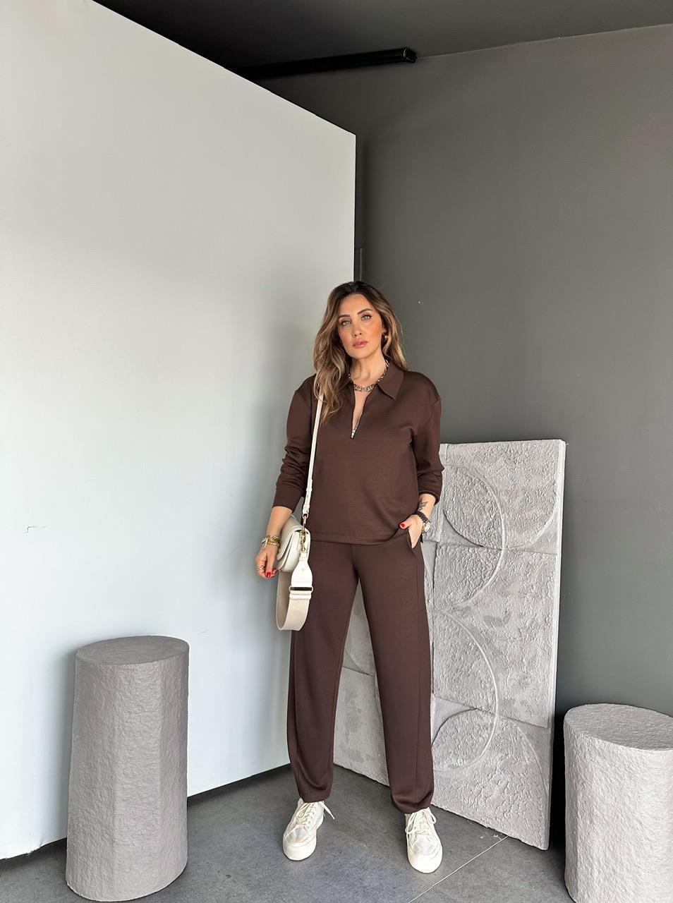Kahve Polo Yaka Fermuarlı Modal Takım