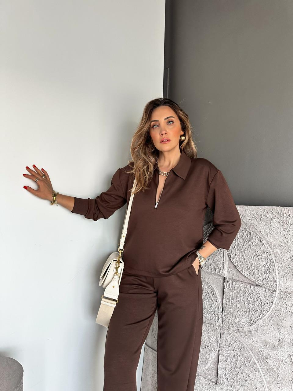 Kahve Polo Yaka Fermuarlı Modal Takım