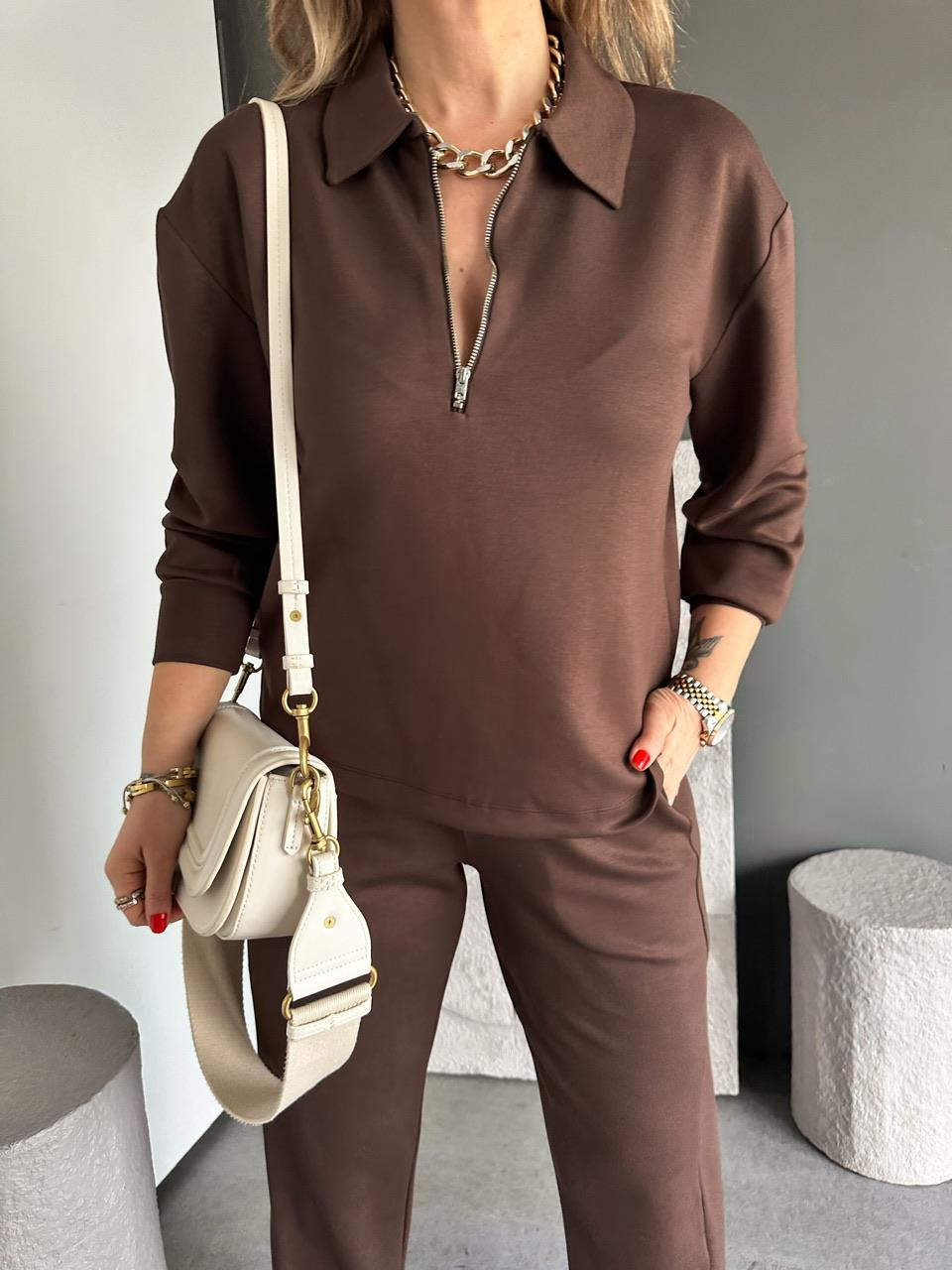 Kahve Polo Yaka Fermuarlı Modal Takım