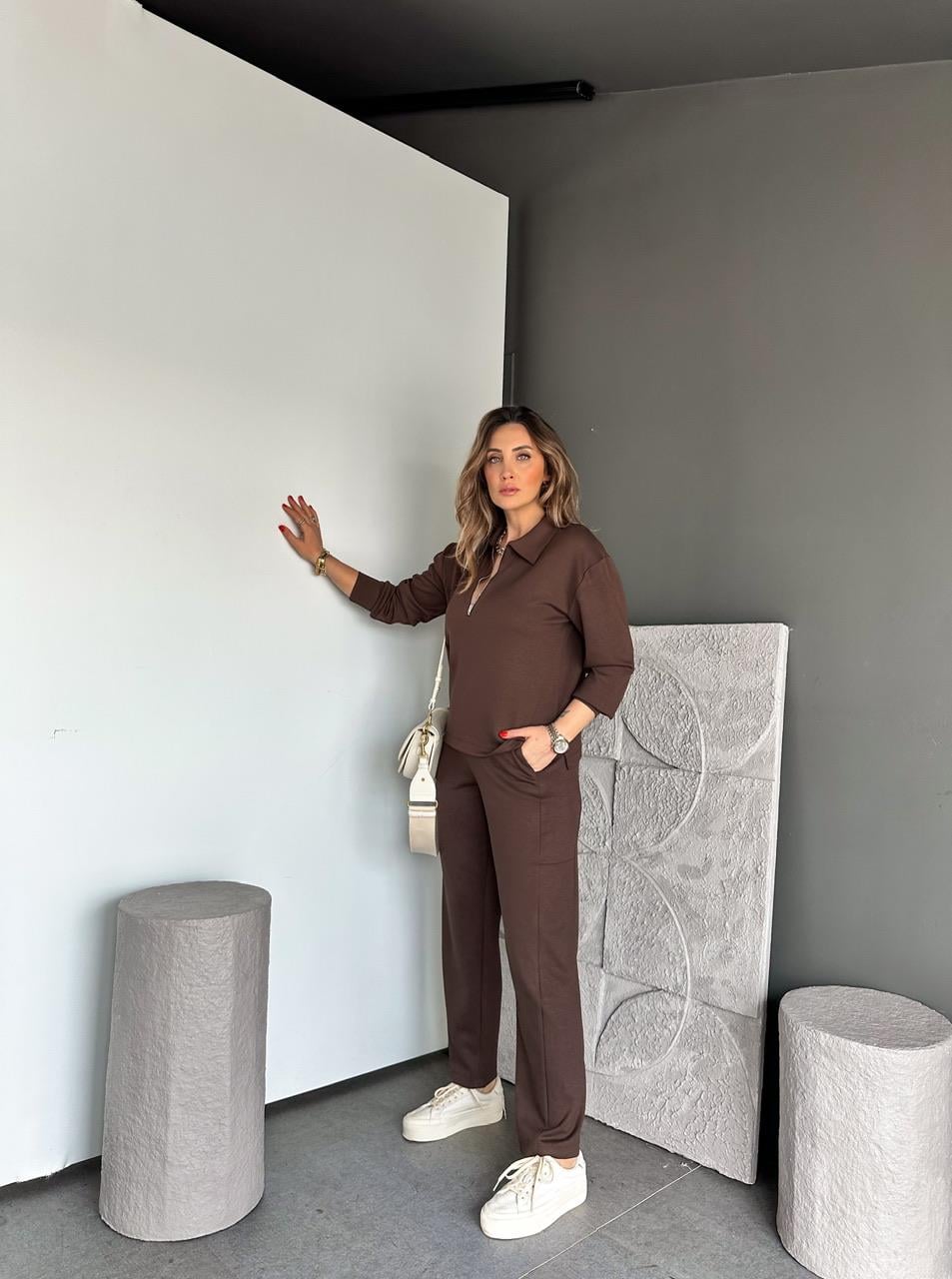 Kahve Polo Yaka Fermuarlı Modal Takım