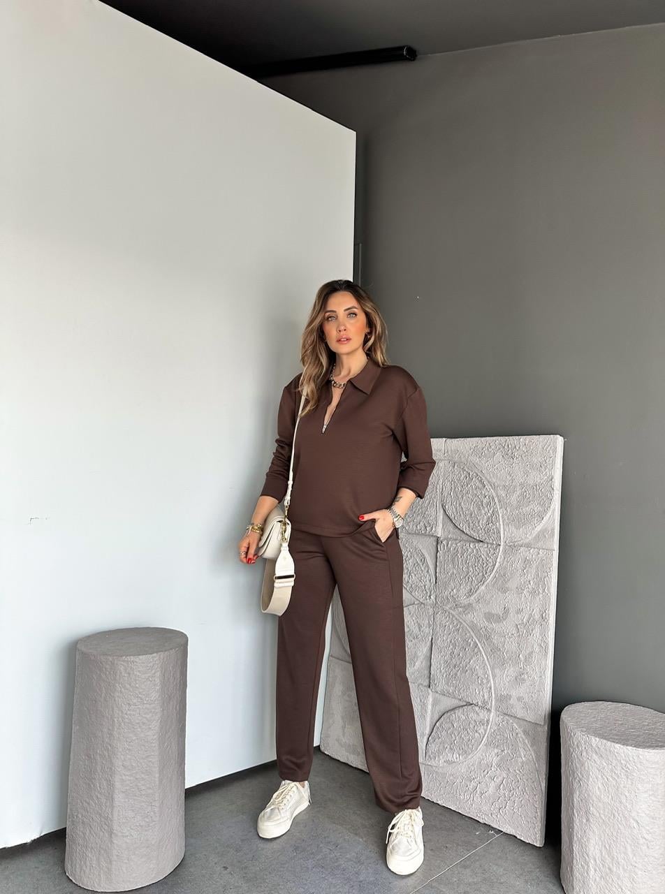 Kahve Polo Yaka Fermuarlı Modal Takım