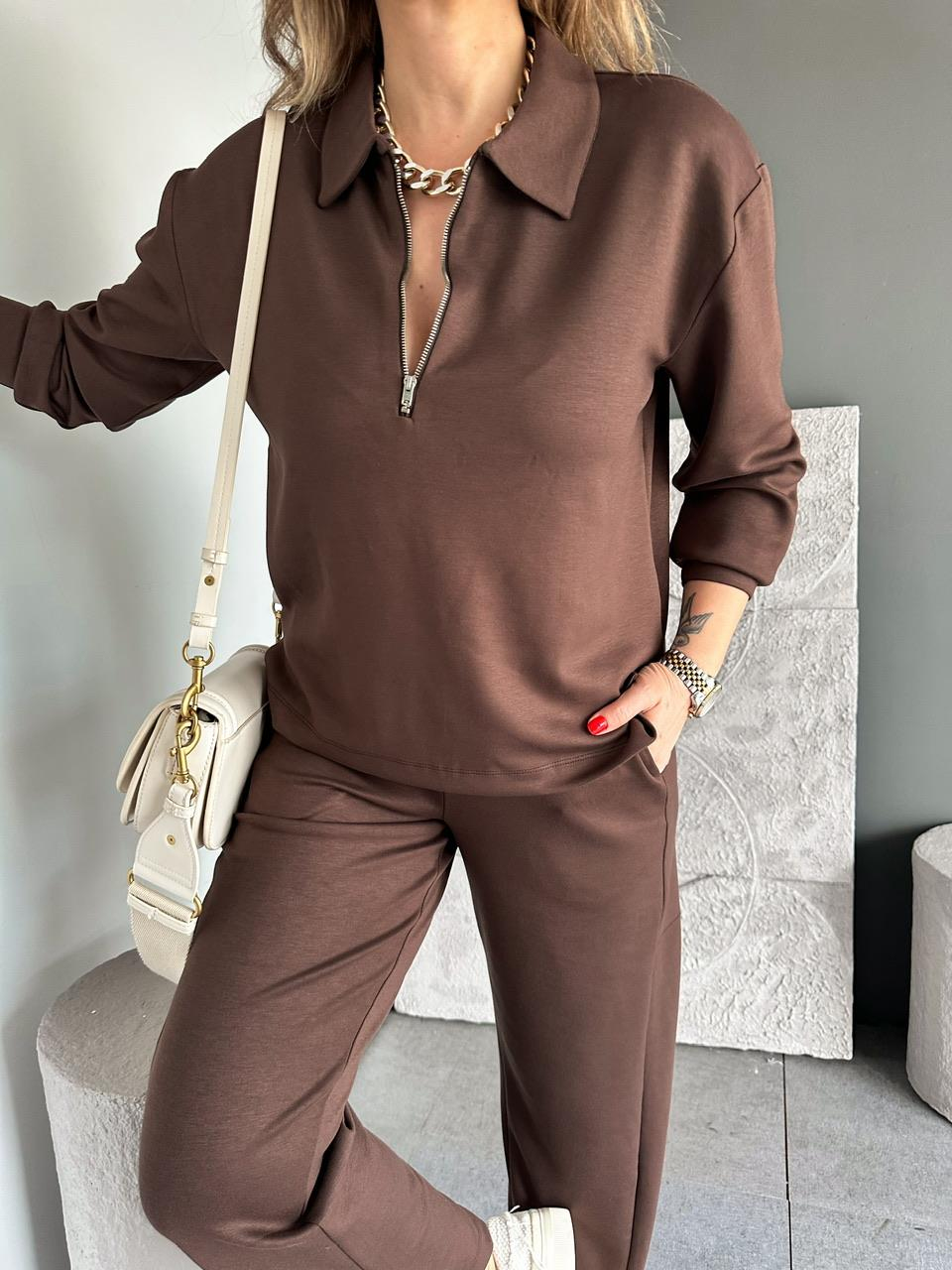 Kahve Polo Yaka Fermuarlı Modal Takım