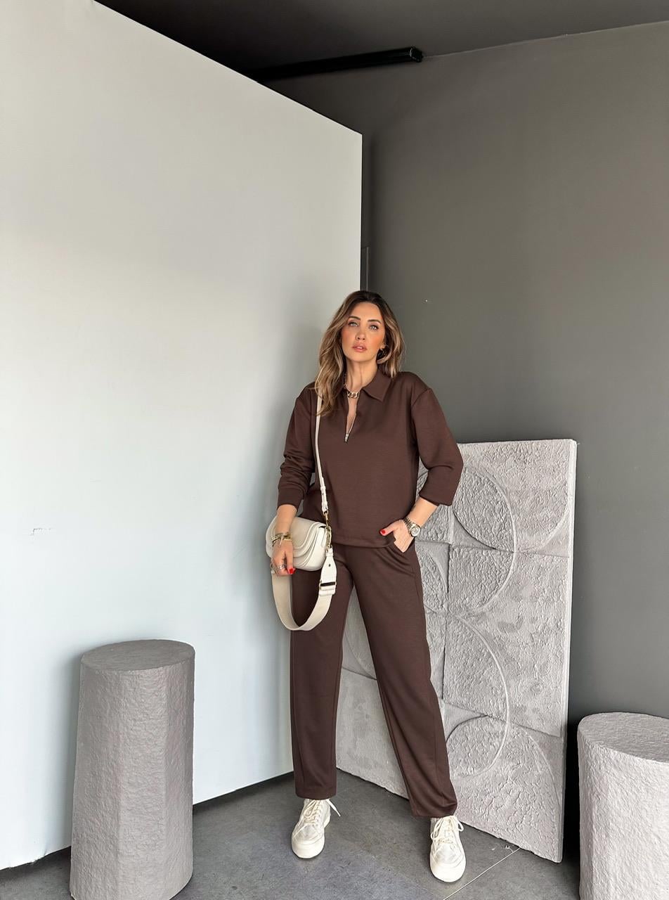 Kahve Polo Yaka Fermuarlı Modal Takım