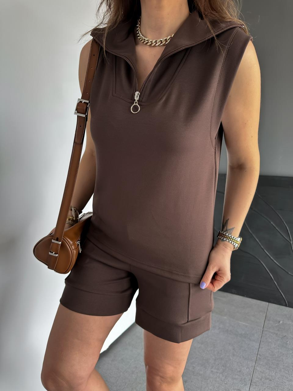 Kahve Polo Yaka Şortlu Modal Takım