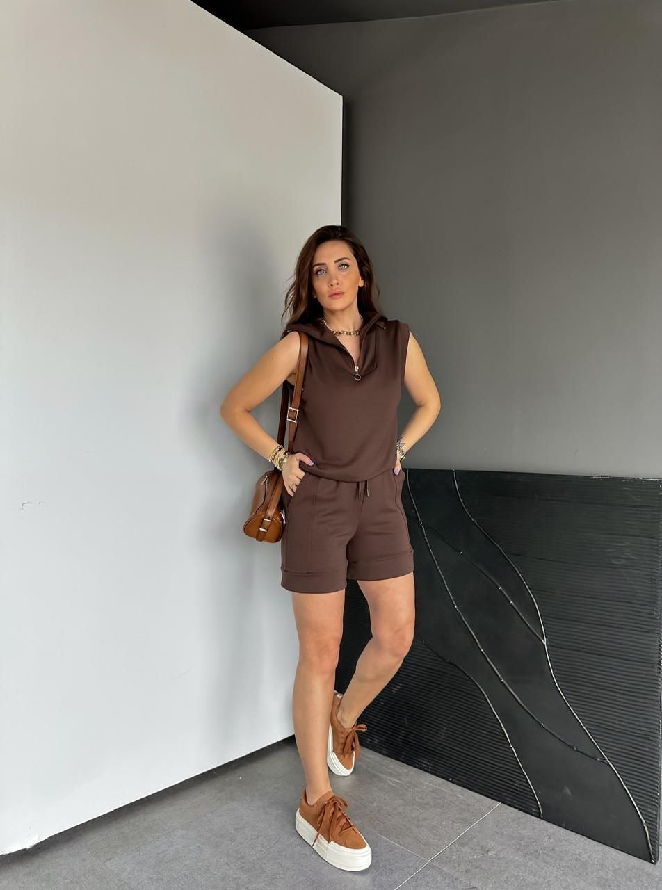 Kahve Polo Yaka Şortlu Modal Takım